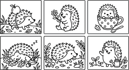Obraz premium Line art hedgehogs on garden adventures in black and white vector set
