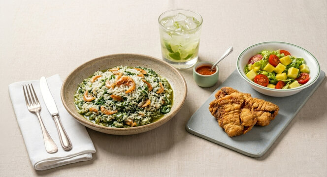Arroz de cux&aacute; com peixe frito, salada e caipirinha sobre mesa de tecido claro