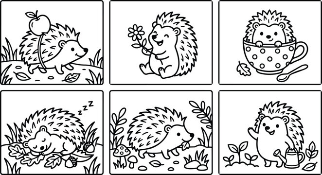 Line art hedgehogs on garden adventures in black and white vector set