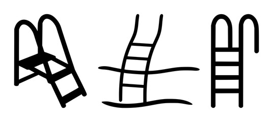 Swimming pool ladder set with solid black icon and white background featuring iconography, line art, minimalistic design with water recreation and aquatic leisure © MdRonok