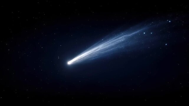 Space universe exploration, fantasy, mysterious. A digital artwork depicts a celestial scene. A bright, luminous comet streaks across a dark, starry background.