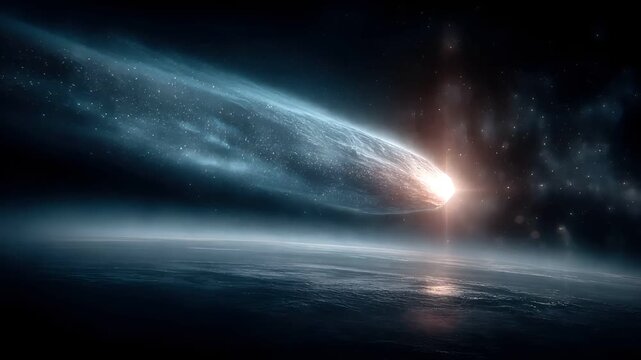Space universe exploration, fantasy, mysterious. A vivid digital artwork depicts a celestial scene. A large, elongated meteor or comet is the main subject, emitting a bright.