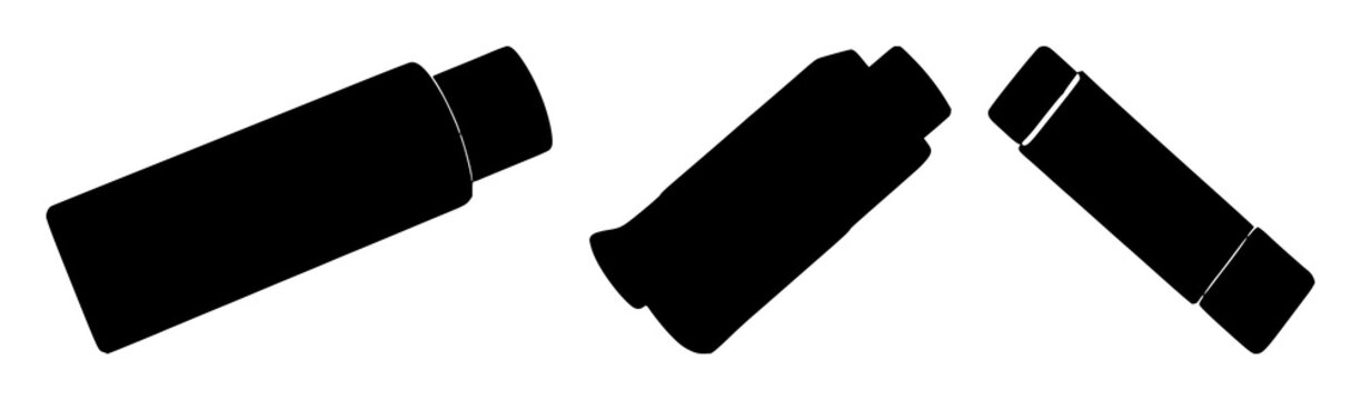 Solid black icon, white background: respiratory asthma inhaler set with simple line art design featuring sketches, drawings, vector graphics with minimalist and simple illustrations