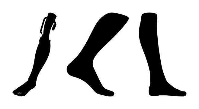Prosthetic leg set with solid black icon silhouette featuring medical device, anatomy, limb with single color and white background