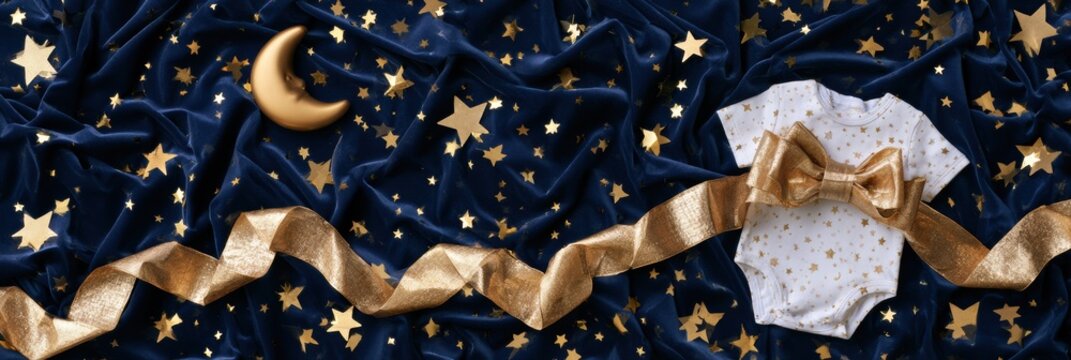 Flat lay background for baby shower shows navy blue velvet, scattered gold star confetti, a crescent moon toy, and a star print onesie.