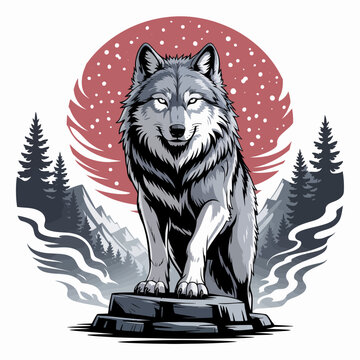 Gray wolf standing on rock formation.