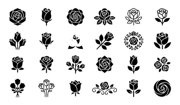 Modern rose flower icon collection vector set with floral blossom illustrations