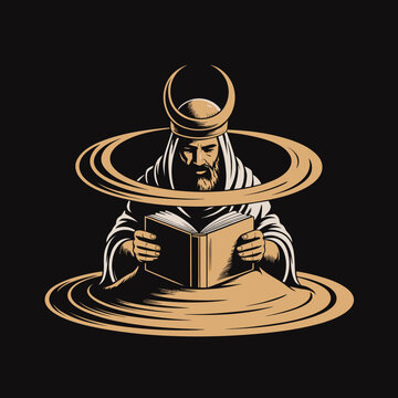 Man wearing white robe and headscarf reading.