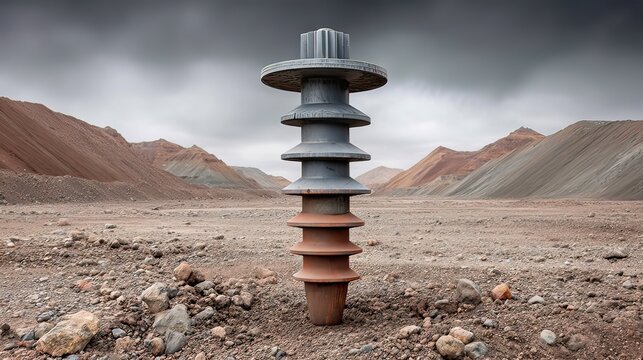 Isolated Electrical Insulator on Rocky Terrain with Dramatic Sky and Mountainous Background in an Arid Environment