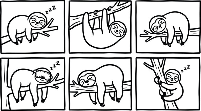 Nine panel sloth sleep line art vector illustration
