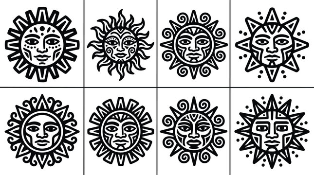 Sun grid line art with eight sun faces in a 2x4 layout