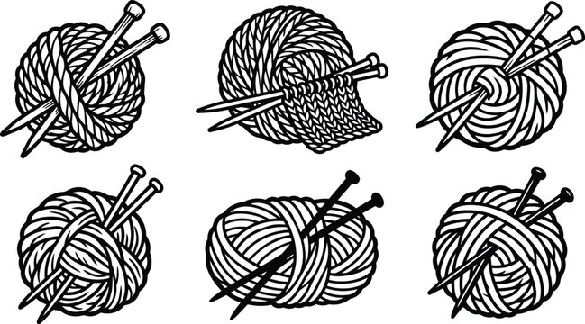 Black and white yarn ball with knitting needles vector illustration