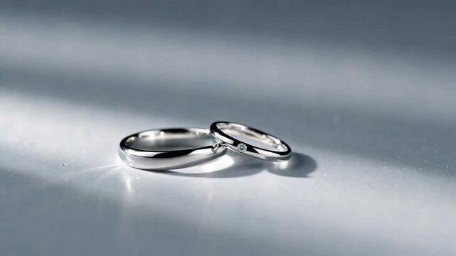 Two polished silver platinum wedding rings with small diamond inlay lying together on sparkling bright metallic surface