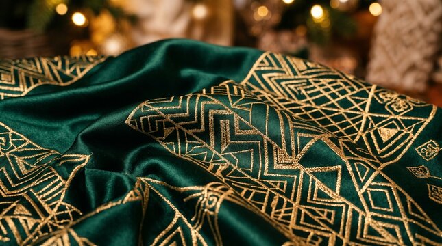 Green velvet fabric with gold geometric embroidery