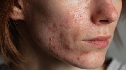 Fototapeta premium acne on woman face with rash skin, scar, and red skin syndrome allergic to cosmetics, use steroids, dermatology, inflammation, infection, hygiene