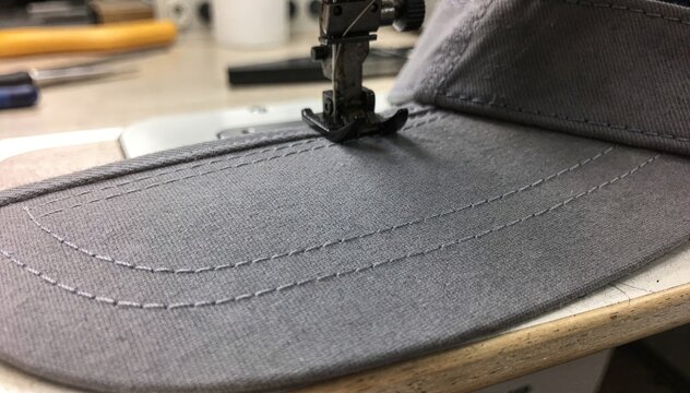 Medium shot focusing on the topstitching phase of a flat visor highlighting the clean sharp edges and fabric tension.