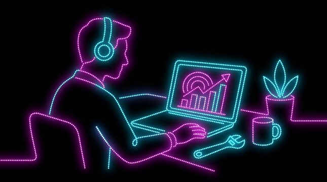 Specialized technician analyzing data on laptop with headphones