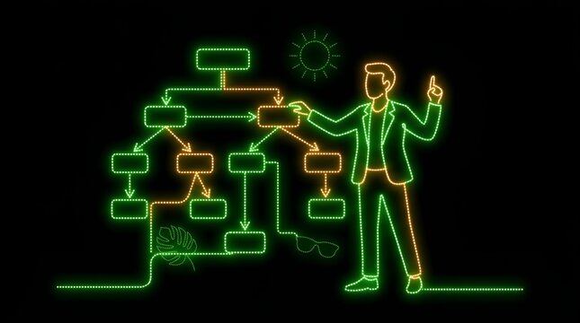 Professional presenting a complex organizational flowchart