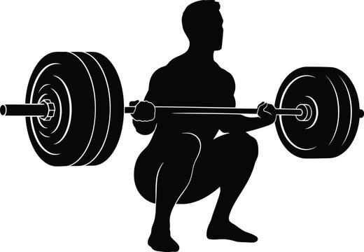 Black silhouette of a strong man doing a heavy barbell squat exercise for muscle building and fitness training