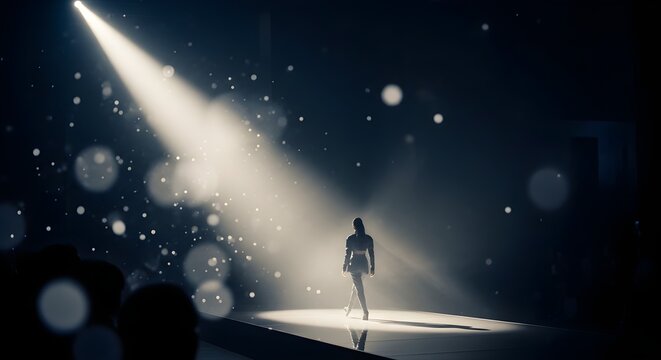 A lone figure stands in a dramatic spotlight on a stage, illuminated by a powerful beam of light, surrounded by a haze of dust motes