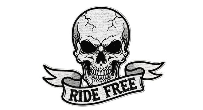 A skull with a ride free banner.