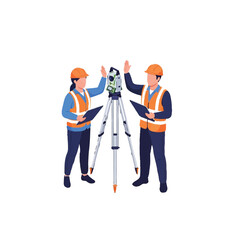 Fototapeta premium Land Surveyors with Total Station and Tripod, Professional Civil Engineers in High-Visibility Vests and Safety Helmets, Isometric Vector Illustration