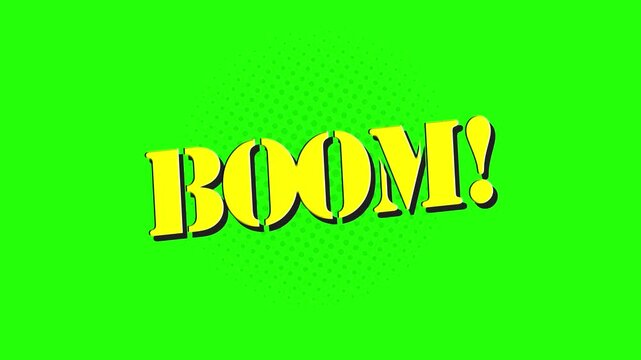 Comic Style "BOOM!" Yellow Pop Art Animated Text Effect 4k stock animation video on a green screen background for chroma key background for video editing.