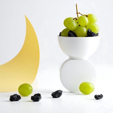 still life with green grapes and raisins in white bowl on modern sculp