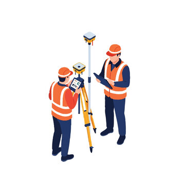 Isometric Illustration of Professional Surveyors in Safety Vests Using RTK GNSS Geodetic Equipment and GPS Total Station for Construction and Mapping
