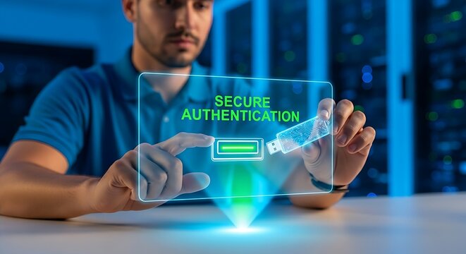 Secure authentication concept. An IT professional's hands insert a holographic 'security key' (USB stick style) into a virtual port, which glows green to confirm authentication.