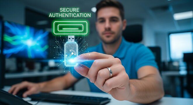 Secure authentication concept. An IT professional's hands insert a holographic 'security key' (USB stick style) into a virtual port, which glows green to confirm authentication.