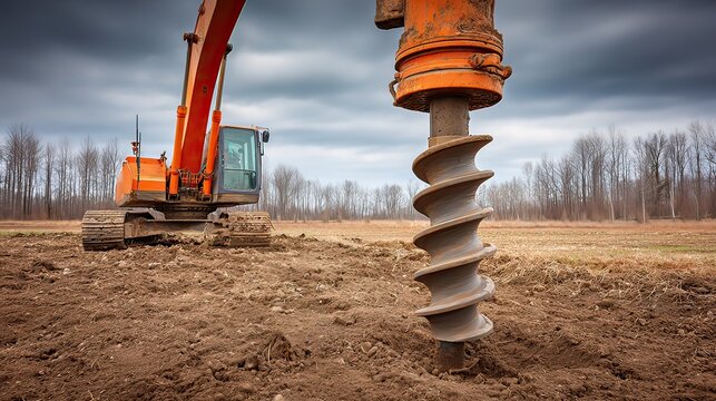Heavy machinery with an auger drilling into the soil during overcast weather in a rural landscape