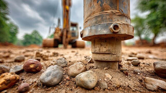 Close-Up of Construction Drill and Soil During Earthwork for Infrastructure Development in Urban Landscape