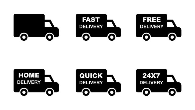 Modern delivery service icon set featuring fast delivery, free shipping, home delivery, quick delivery, and 24x7 delivery concepts with minimal vehicle symbols. Truck symbol - stock vector.