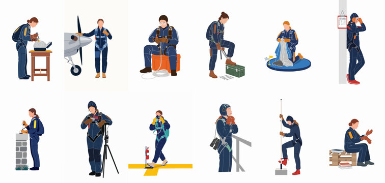 Set of flat vector illustrations featuring a professional female skydiver performing various technical and preparatory tasks for aviation and military operations.