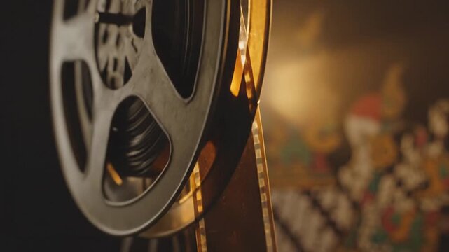 Close up of vintage film reel and moving celluloid strip
