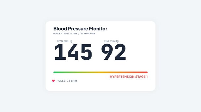 Digital blood pressure monitor interface displaying hypertension stage one readings with pulse rate and health status