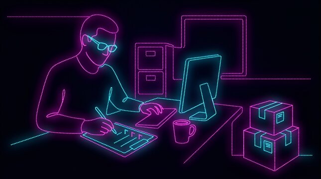 Logistics manager tracking inventory and shipping boxes in neon