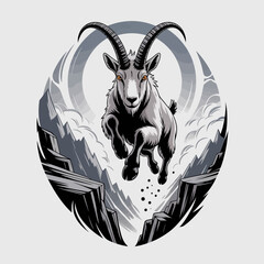 Goat with large curved horns jumping. © biang