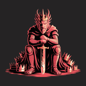 King sitting with sword and crown.