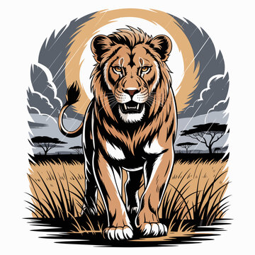 Large Male Lion Walking Forward.