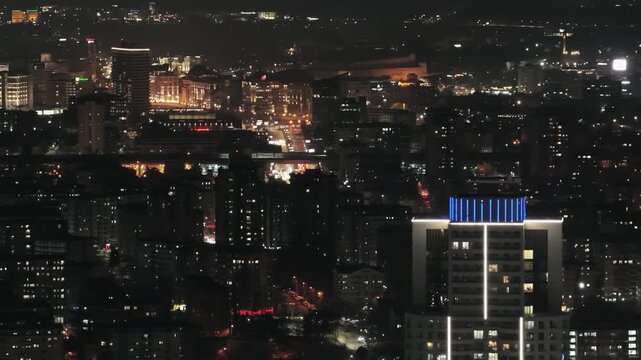 Skopje Macedonia Cityscape at Night with Modern Skyscrapers