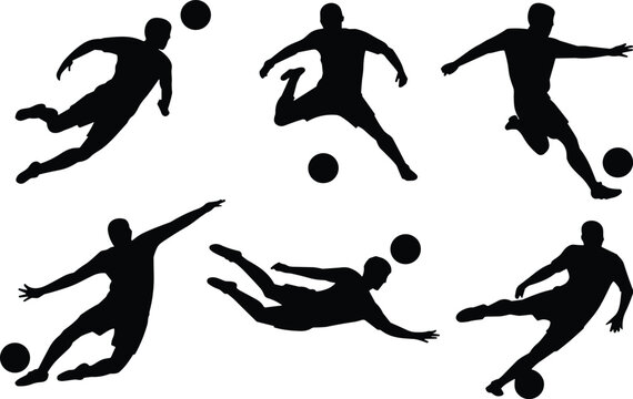Six black silhouette soccer players in dynamic action poses with soccer balls on a white background football