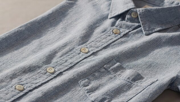 Closeup medium shot of a light wash chambray shirt highlighting its soft texture and breathable fabric perfect for a casual relaxed look.