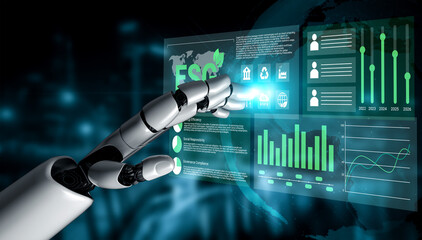 Fototapeta premium A robotic arm engages with a transparent display showcasing environmental sustainability metrics and graphs, highlighting the integration of technology in data analysis. Gantry