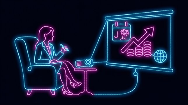 Businesswoman watching global growth projections on a screen