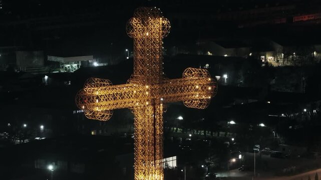 Skopje Millennium Cross Illuminated at Night Aerial Cityscape View