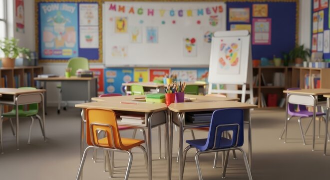 Inviting School Classroom A Colorful Learning Space with Desks and Artwork Fostering Creativity and Collaboration for Elementary Education and a Bright Future for Students
