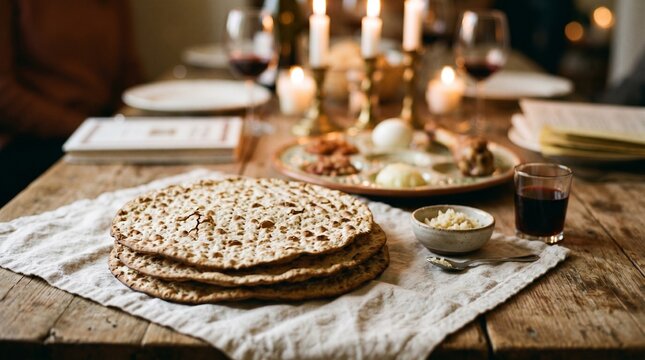 Stack of handmade matzah on a rustic wooden table for passover