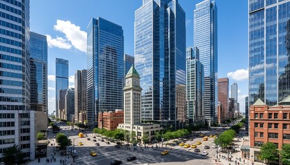 Obraz premium Modern City Center with Tall Glass Skyscrapers and Historic Clock Tower